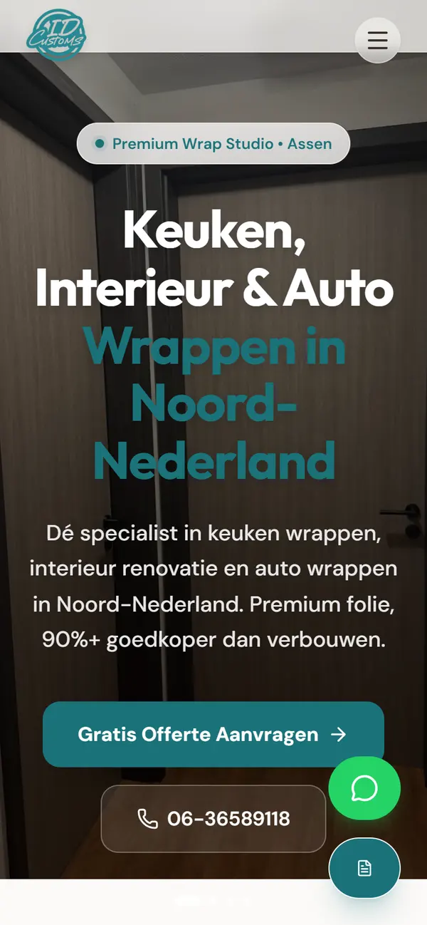 Homepage van ID-Customs op mobiel
